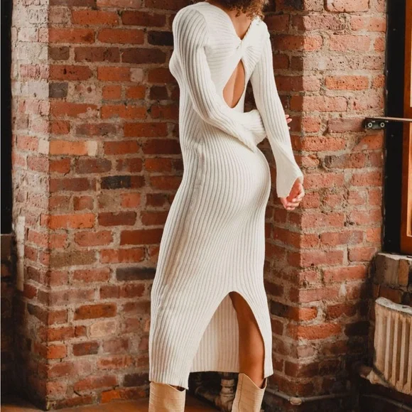 knee length dresses for ladies Ribbed White Sweater Midi Dress Xs main image 1